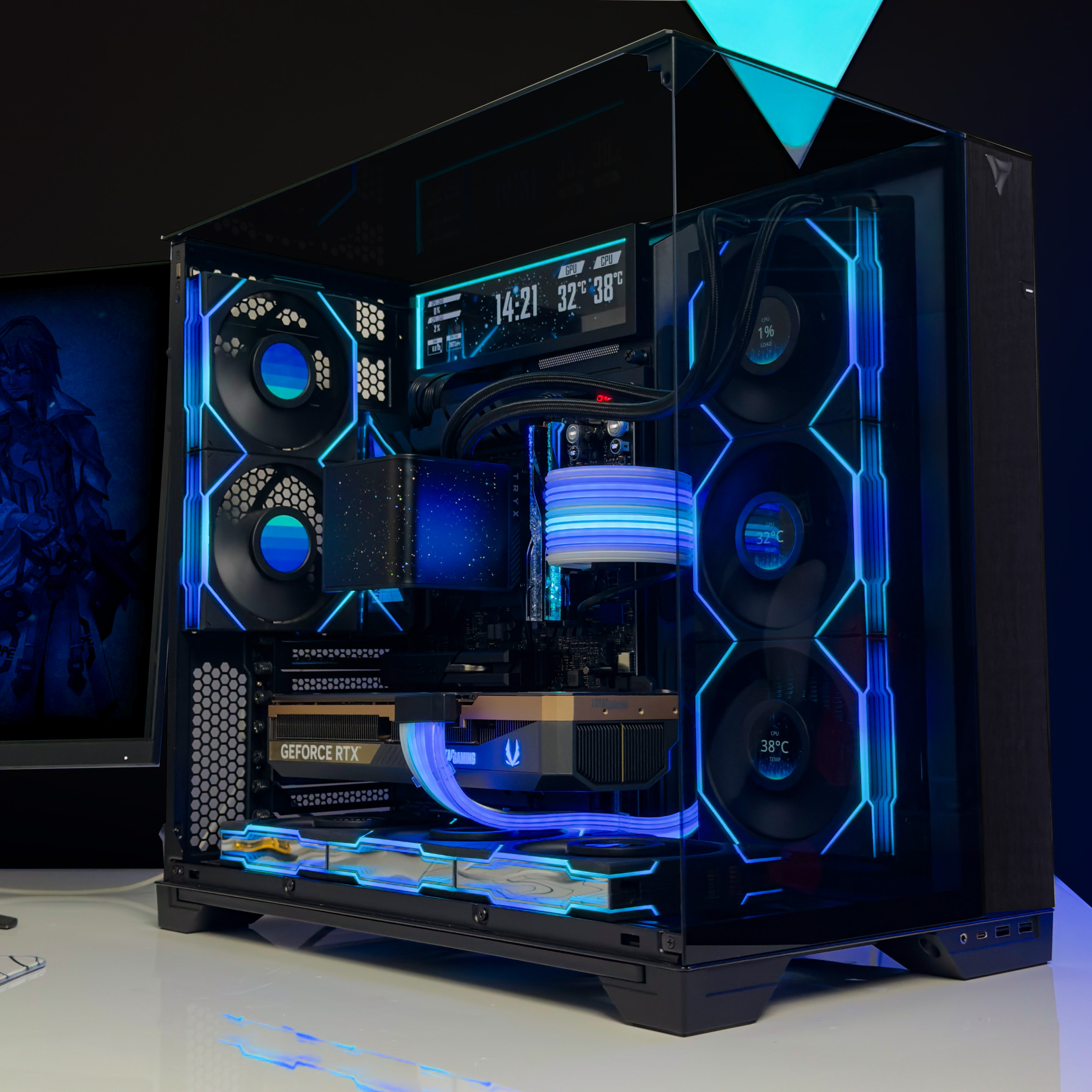 VRLA Tech custom build in a Lian Li O11 black case with vibrant red and teal RGB lighting visible through tempered glass